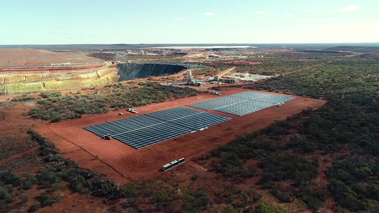 Solar arrays surrounded by Western Australian bushland at Carosue Dam